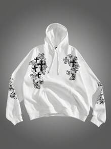 Manfinity VCAY Felpa con cappuccio oversize da uomo bianca lavorata a maglia con stampa a croce