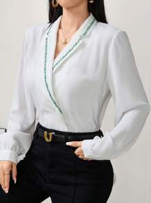 Modelyn Women's French V-Neck Floral Embroidery Casual Button-Up Blouse, Business Clothes Fall Cloth For Women - White - View 1