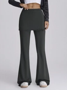 Forever 21 女士纯色拼布二合一裙子喇叭裤，时尚设计 - 黑色 - 查看 7