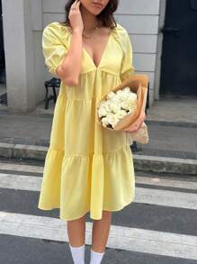 INAWLY Women's Solid Color V-Neck Short Sleeve Ruched Mini Casual Dress - Yellow - View 3