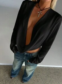 Aloruh Vintage Y2K Grunge Distressed Crop Collar Long Sleeve Shirt For Women