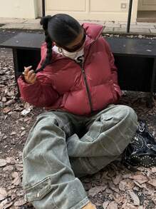 SHEIN EZwear Women's Solid Color Front Zipper Long Sleeve Casual Down& Feathers Jacket - Red - View 5