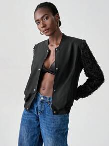 SHEIN Unity 女式欧根纱拼布袖夹克 - 黑色 - 查看 3