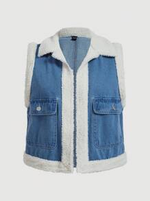 SHEIN MOD 大码牛仔夹克，短款，休闲马甲，毛茸茸拼布，蓝色，适合日常穿着