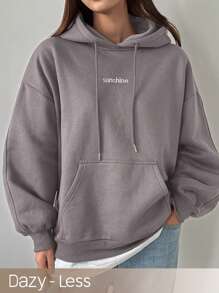 Dazy-Less 宽松保暖内衬纯色字母印花连帽女式运动衫、长袖上衣、秋装 - 灰色 - 查看 1