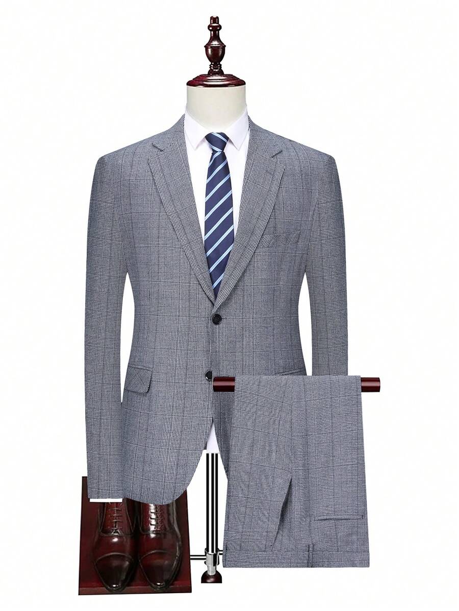 Manfinity Mode Herren Business Lässig Anzug Set in Große Größen mit kariertem Revers, Einreiher Sakko und Hose