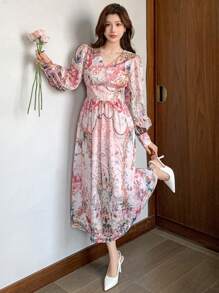 DAZY Vestido Médio Elegante de Manga Lanterna com Decote em V e Estampa Floral Completa para Mulheres, com Babados, Vestido Longo de Manga Comprida para o Outono, Vestido Longo Boho para Férias - Rosa chiclete - Visão 6
