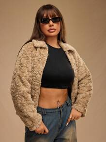 Forever 21 Plus Size Fluffy Women's Fluffy Zip-Up Warm Coat, Autumn And Winter - Camel - View 8