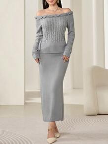 Modelyn Women's Off Shoulder Long Sleeve Solid Knit Sweater & Long Hem Knit Skirt 2 Pieces Set, Elegant And Slim-Fit, Fall 2 Pieces Set