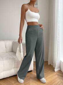 SHEIN EZwear Women's Solid Color Pocket Simple Casual Long Pants