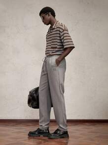 AKNOTIC Business Casual 男士编织字母刺绣长直筒休闲裤，适合日常穿着 - 淺灰色 - 查看 5