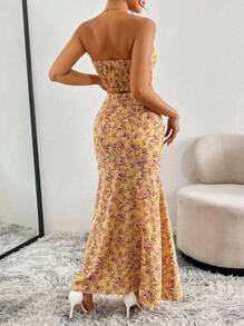 Chiquease 褶饰紧身胸衣大腿开衩碎花连衣裙和细肩带吊带上衣两件套，夏季 - 黃色 - 查看 2