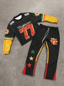 Manfinity Campus Court Men's Black Autumn Streetwear 2 In 1 Set,College Oversized Letter Pattern Printed Patchwork Sweatshirt And Pants,Holiday Back-To-School Men Tracksuit - Multicolor - View 1