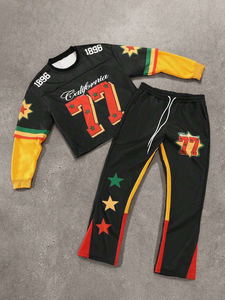 Manfinity Campus Court Men's Black Autumn Streetwear 2 In 1 Set,College Oversized Letter Pattern Printed Patchwork Sweatshirt And Pants,Holiday Back-To-School Men Tracksuit - Multicolor - View 1
