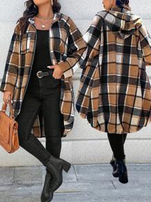 EMERY ROSE Plus Size Women's Printed Raglan Sleeve Zip-Up Hooded Long Plaid Fall Coat Winter Autumn - Multicolor - View 1