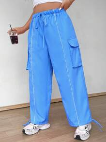 Flirla Plus Size Women Elastic Waist Drawstring Cargo Pants With Contrast Trim