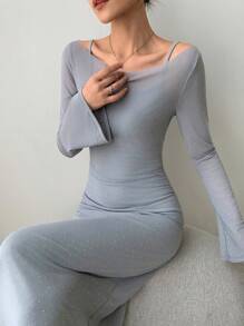 EastFlair 2pcs/Set Korean Fashion Women's Mesh Crystal Sheer Sexy Desire Dress Suit - Grey - View 3