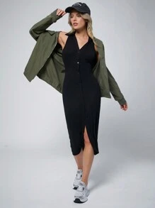 SHEIN EZwear Women's Black Polo Collar Button Front Sleeveless Midi Bodycon Dress