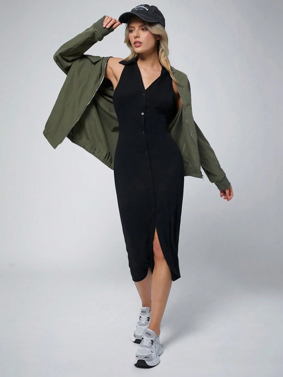 SHEIN EZwear Women's Black Polo Collar Button Front Sleeveless Midi Bodycon Dress