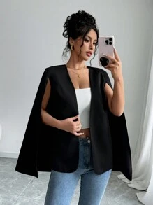 Firerie 女士优雅纯色斗篷大衣，秋季 - 黑色 - 查看 5