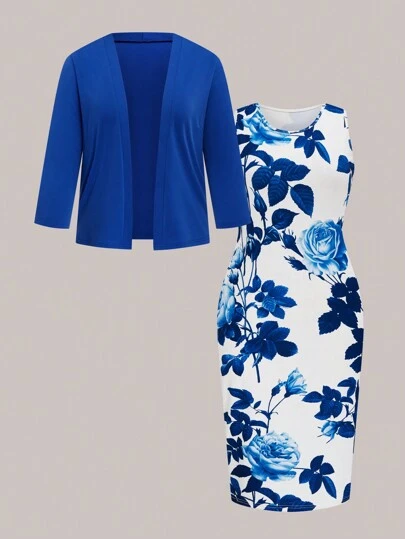 Plus Size Women Elegant Floral Print Dress And Solid Color Fitted Jacket 2 Pieces Set, Autumn
