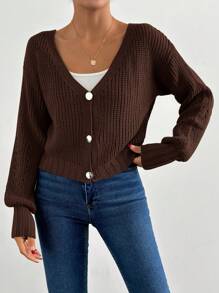 SHEIN Cottnline 女式纯色落肩长袖单排扣宽松休闲开衫，秋冬 - 棕色 - 查看 3