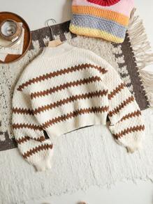 SHEIN VCAY Relaxed Striped Stand Collar Sweater For Women