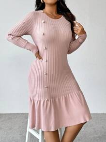 Franclia Plus Size Women Elegant Solid Colored Button Decor Ruffle Hem Bodycon Ribbed Knit Sweater Dress, For Winter