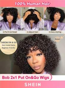 Short Curly Bob Wig Human Hair With Bangs 2x1 Transparent Lace Houston Classic Looks Glueless Wigs For Women Curly Bob Human Hair Wear And Go Brazilian Deep Curly Wigs With Bangs Natural Color - Natural Black - View 6