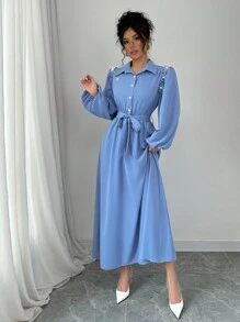 Rafferiza Vestido estilo francés de manga farol con cuello de camisa, con volantes y adorno de strass, vestido largo para mujer - Azul - Ver 6