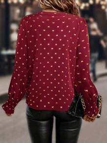 Plus Size V-Neck Long Sleeve Allover Print Casual Blouse - Burgundy - View 2