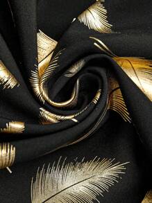 SHEIN Unity Plus Size Asymmetrical Neck Long Sleeve Metal Button Foil Print Loose Blouse - Black - View 4