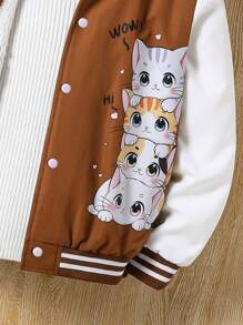SHEIN Tween Girl Front Button Cat Print Long Sleeve Minimalist Hooded Casual Pullover