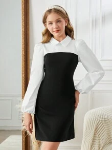 SHEIN Gaun Lengan Panjang Berkerah 2 in 1 Elegan dengan Kontras Warna untuk Remaja Perempuan yang Berpergian - Hitam dan Putih - View 5