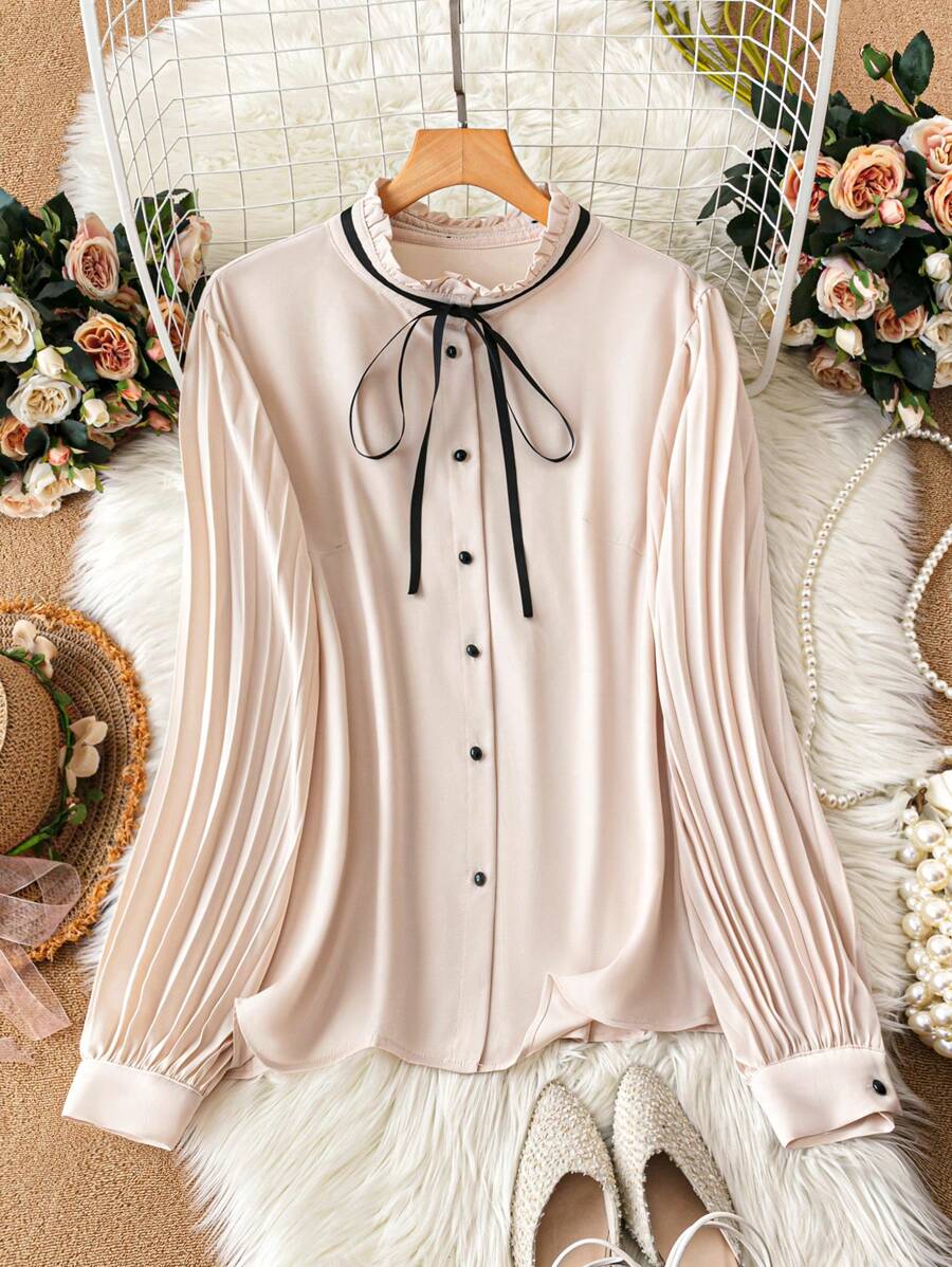 SHEIN CURVE+ Plus Size Women's Spring & Summer Frill Collar Tie Front Ruched Long Sleeve Elegant Blouse - Apricot - View 1