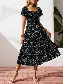 Breezaya 女式短袖全印花宽松迷你连衣裙，休闲日常穿着超长度假海滩装 - 黑色 - 查看 4