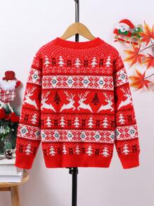 Red Long Sleeve Fair Isle Style Christmas Sweater For Tween Boys, Autumn/Winter - Family Matching Mommy And Me (4 Pieces Are Sold Separately) - Red - View 2