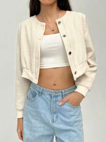 Muchica Women's Long Sleeve Tweed Short Jacket, Autumn & Winter - Beige - View 5