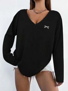 Flirla 休闲蝴蝶结长袖性感V领长袖T恤，秋季印花T恤女式上衣 - 黑色 - 查看 5