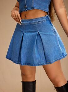 Forever 21 Plus Size Fashion A-Line Pleated Denim Skirt - Blue - View 5