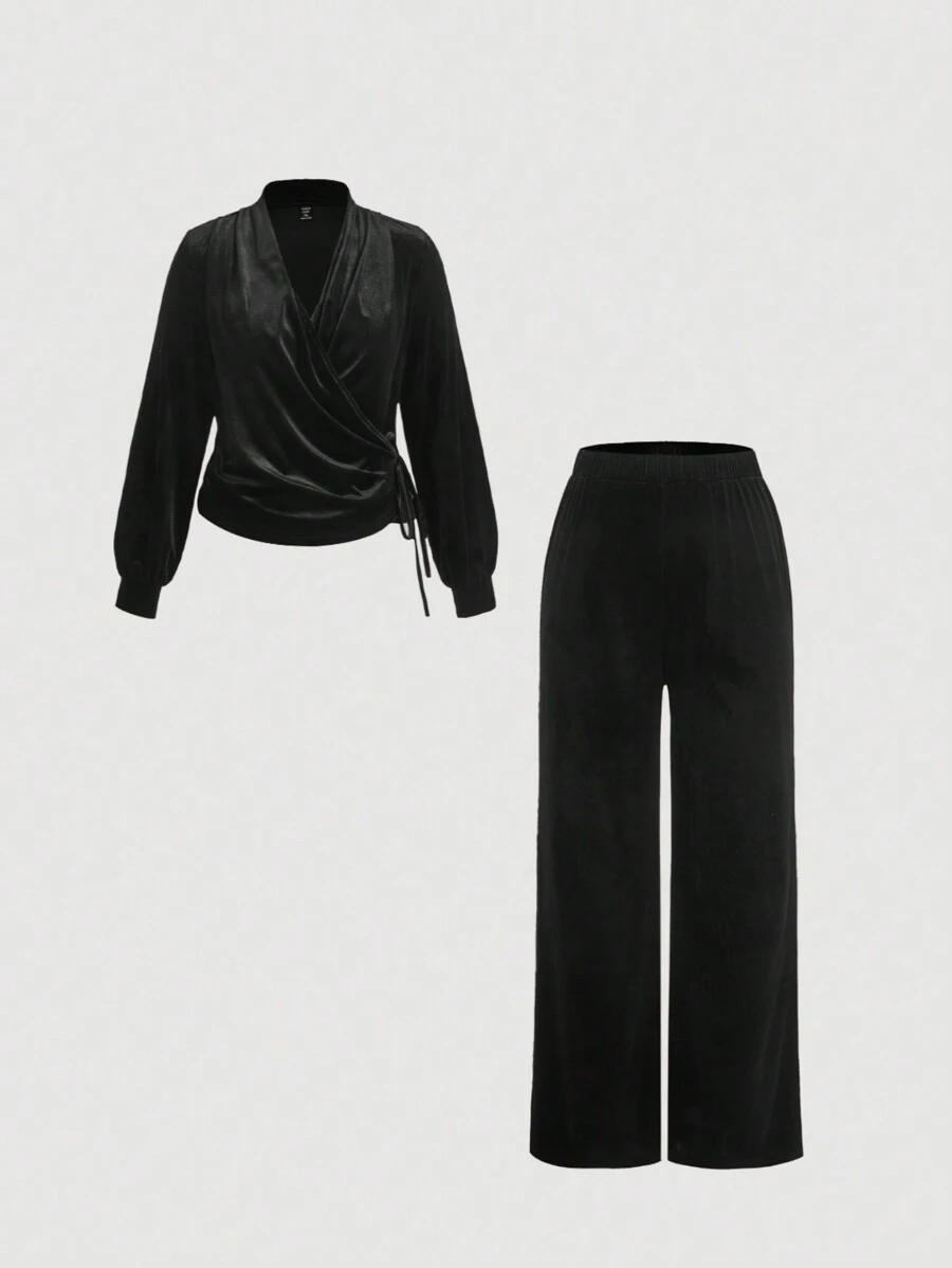 SHEIN MOD Plus Size Velvet Wrap V-Neck Straight Leg Pants Suit, 2pcs Set - Black - View 1