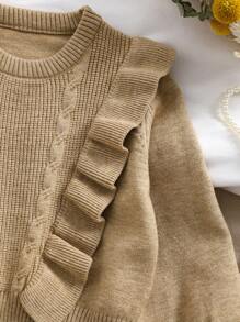 SHEIN Vintaside Kids 2 件套年轻女孩秋冬针织毛衣套头衫和弹力喇叭裤，花卉荷叶边白色百搭返校时尚休闲巴洛克风格标志性服装，适合居家、旅行、聚会、购物 - 卡其色 - 查看 4