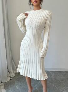 Selianne Women's Solid Color Crew Neck Rib Knit Pleated Long Sleeve Sweater Dress - White - View 6