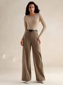 Quần ống đứng vải nhung kẻ dành cho nữ có thắt lưng - Màu Khaki - Xem 5