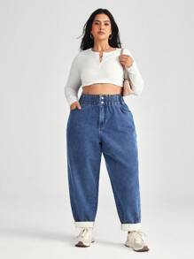 SHEIN CURVE+ 蓝色大码牛仔裤休闲宽松加大羊毛锥形裤内衬增加保暖性 - 中等水洗藍 - 查看 8