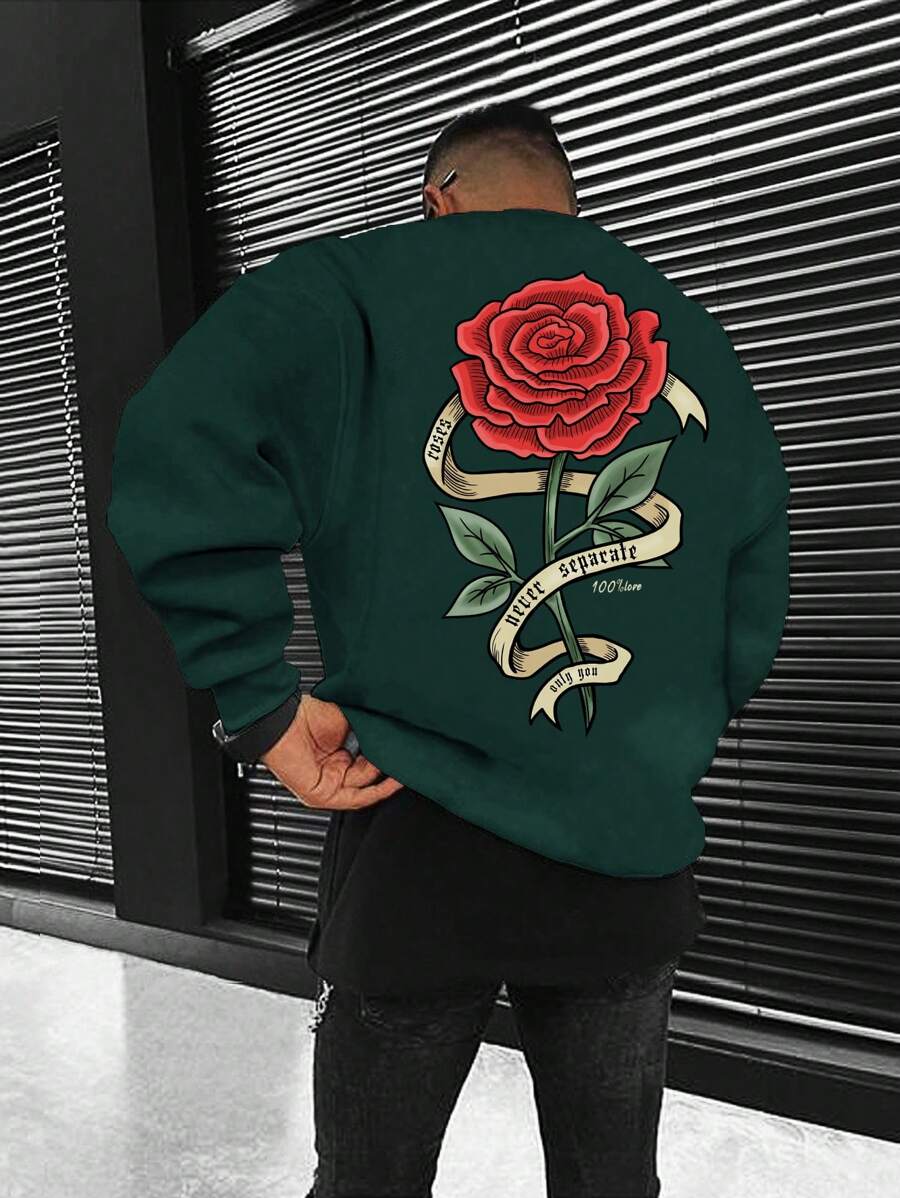 Manfinity Homme Loose Fit Men's Solid Thermal Lined Sweatshirt, Men Rose Sweatshirt, Green Sweatshirt Men, Men Graphic Sweatshirt - Dark Green - View 1