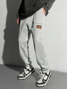 SHEIN Leap Crew Teen Boys 1pc Casual Versatile Fashion Street Style Patch Pockets Clip Seam Weave Mark Design Sweatpants Back To School Clothes; Fall Clothes; Teen Boy Clothes; Teen Boy Jackets - Grey - View 7