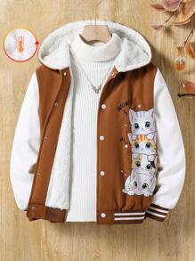 SHEIN Tween Girl Front Button Cat Print Long Sleeve Minimalist Hooded Casual Pullover