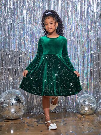 SHEIN 2 Stücke Tween Mädchen Weihnachts Samt Patchwork Glitzer Kleid, Mama und Ich Passende Outfits (2 Stücke separat verkauft)