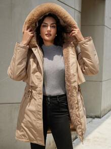 Aveloria Luźna, długa parka z kapturem i ściągaczem w pasie, z małym nadrukiem na plecach, ciepła, ocieplana, syntetyczna izolacja z poliestru, kurtka zimowa, kurtka zimowa, płaszcz na zimowe ubrania